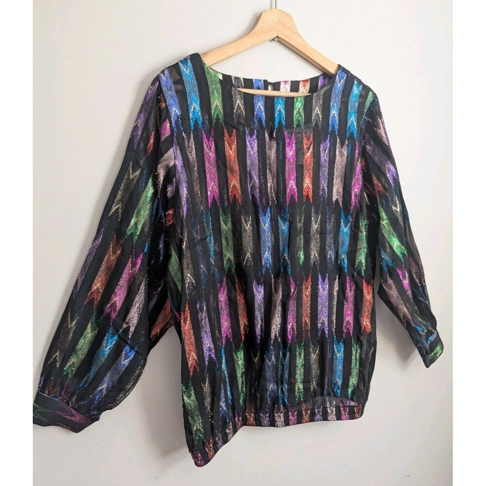 Vintage Sheer Rainbow LamƩ Ikat Blouse M 80s Disco Glam Top Metallic USA Made